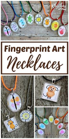 fingerprint art necklaces with different pictures and words on them, including the word fingerprint