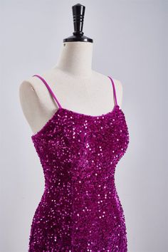 This homecoming dress is designed in a bodycon silhouette with spaghetti straps, a zip-up back, and a length that falls above the knee. The dazzling sequin material in fuchsia adds a touch of glamour to the outfit without any additional embellishments necessary. Item #NP1111 Material: Sequin Color: Fuchsia Silhouette: Bodycon Embellishment: No Neck: Spaghetti straps Back: Zip-up Length: Above knee length Fully lined: Yes Built-in bra: Yes True to size. Made in China. Dresses are usually packed inside out for protection. Hand wash Fitted Sequin Dress With Spaghetti Straps For Prom, Pink Fitted Sequin Dress With Spaghetti Straps, Hot Pink Short Sequin Dress, Hot Pink Prom Dresses Short Sparkle, Pink Sequin Spaghetti Strap Dress, Hot Pink Sparkle Bodycon Spaghetti Strap Dress, Pink Sequin Fabric For Party, Mini Length, Purple V-neck Mini Dress With Sequins, Short Homecoming Dress