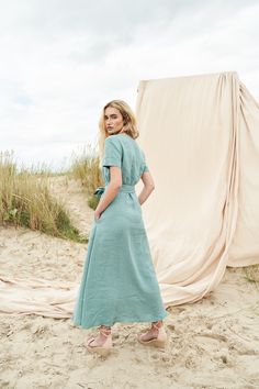 "VIVIEN - pure, stylish, and endlessly romantic. Perfect for long summer walks on the warm sand. FABRIC: 100% softened Lithuanian linen COLOR: Please choose the desired color from the side menu. STYLE: Calf length linen dress with short sleeves and side pockets Features regular v neck and front split, also comes with a matching belt. If you need another style, length, sleeves length, or color, please contact us. SIZE CHART: 2 US/ 6 AU/ 34 EU: Bust 31.5\" (80 cm) , Waist 23\" (59 cm), Hips 35\" ( Dress Deep V Neck, Winter Mode Outfits, Natural Linen Dress, Maxi Design, Fancy Frocks, Jeans Outfit Women, Long Linen Dress, Calf Length Dress, Dress For Woman