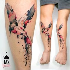 two tattoos on the legs of people with birds and watercolor paint splatters