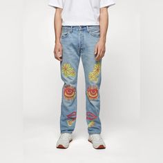 Levi’s 501s Summer Love Jeans Sun Festival 28x30 36x30 32x32 33x30 “ Up Tight Love “ “ Out Of Sight Groovy “ Blue Straight Leg Bottoms With Graphic Print, Blue Graphic Print Straight Leg Bottoms, Straight Leg Graphic Print Jeans For Spring, Straight Leg Jeans With Graphic Print For Spring, Straight Leg Jeans For Summer Festivals, Summer Festival Straight Leg Jeans, Spring Graphic Print Denim Pants, Summer Festival Straight-leg Jeans, Summer Straight Leg Jeans With Graphic Print