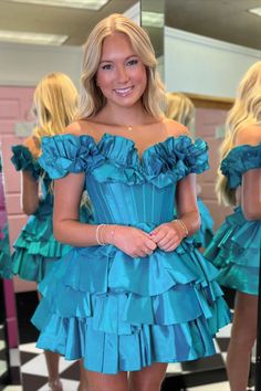 Ruffle Blue Tiered Short Homecoming Dress Off The Shoulder Homecoming Dress, White Homecoming Dresses, Blue Homecoming Dresses, Satin Short, Short Homecoming Dress, Sophisticated Dress, Note Box, Homecoming Dresses Short, Ruffle Skirt