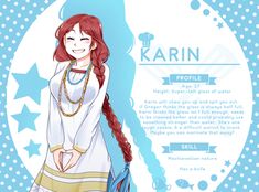 an anime character with long red hair standing in front of a blue background