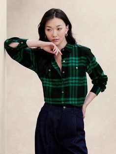 Relaxed Shirt | Banana Republic Factory Plaid Tops With Button Cuffs For Work, Preppy Collared Shirt For Workwear, Plaid Shirt With Placket For Workwear, Preppy Long Sleeve Shirt For Daywear, Classic Collared Plaid Blouse, Classic Plaid Collared Blouse, Green Shirt With Placket For Workwear, Plaid Collared Shirt With Button Cuffs, Green Preppy Top For Workwear