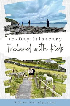 two people standing on the side of a road with sheep in front of them and text overlay reading 10 day itinery ireland with kids