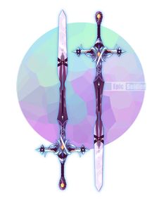 two crossed swords with crosses on them against a purple and blue background