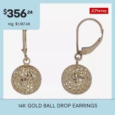 Features: Quick ShipEarring Back: Lever BackShape: BallMetal Color: YellowEarring Length: 28mmEarring Width: 11mmCare: Wipe CleanEarrings Style: Drop EarringsMetal: 14k GoldCountry of Origin: Imported Ball Drop, Drop Earrings, Gold, Color