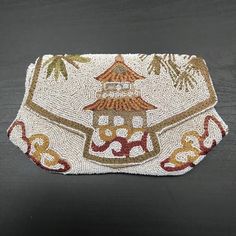 Vintage Embroidered Rectangular Clutch, Traditional Cream Rectangular Evening Bag, Chinese Pagoda, Beady Eye, Chinoiserie Style, Wedding Purse, Beaded Bag, Vintage Purse, Bag Vintage