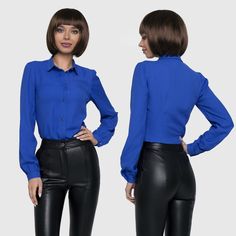 Elegant formal style blouse beautiful blue color. Great suitable for creating stylish images. Made of pleasant fabric, fansten to the pretty black buttons. Blouse is a little slim fit and free sleeves. Sleeves are with cuffs. Composition: Fabric structure: 75% viscose 25% polyester Model parameters: Bust 85 см Waist 61 см Hips 90 см Height of model 173 см Model size XS Stylish Images, Blue Shirt Women, Royal Blue Blouse, Fitted Blouse, Business Shirt, Fitted Blouses, Fabric Structure, Business Shirts, Formal Style