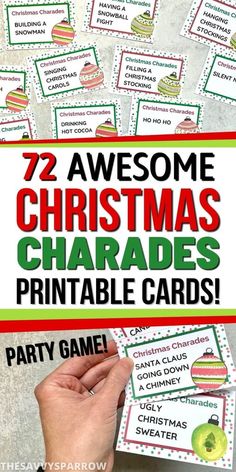 christmas themed printable cards with text that reads, 25 awesome christmas charadess party game