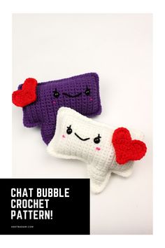 two crocheted toothbrush holders with hearts on them and the text chat bubble crochet pattern