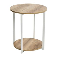 a round wooden table with white metal legs