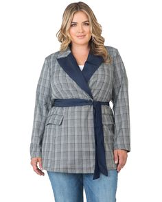 Add this modern, longer length plus-size blazer in a chic menswear plaid. The lined blazer is a great topper for work or casual looks. Wrap Blazer, Tencel Denim, Plus Size Blazer, Long Sleeve Cocktail Dress, Belted Cardigan, Be The Boss, Gray Plaid, Plaid Blazer, Plaid Jacket