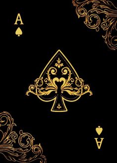 a gold playing card on a black background with swirls and hearts in the middle