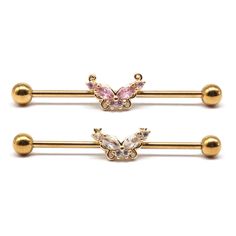 PRICES MAY VARY. Ball closure Gauge Size: 1.6mm(14G), Bar Length: 38mm (1 1/2 inch), Ball Diameter: 5mm. Suitable size for you as body piercing industrial barbell earrings. Gold industrial bar made of stainless steel and pink white crystal: non-rusting and non-fading, lightweight and durable; High polished surface, smooth and comfortable to wear. Easy to Use and Match: Excellent screw thread, just twist the ball, no hurt to your skin. Easy to screw off and on, not easy to fall down. This exquisi Gold Industrial Piercing Bar, Earrings Industrial, Gold Piercings, Industrial Bar Piercing, Pink Heart Rings, Piercing Industrial, Industrial Earrings, Industrial Piercing Jewelry, Barbell Earrings