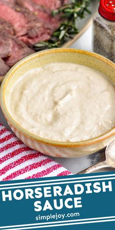 horseradish sauce in a bowl next to steak