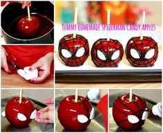 a woman holding a tray with apples and spiderman decorations on it, along with other pictures