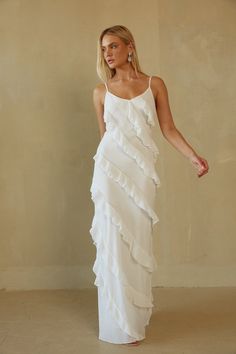 Elizabeth Ruffle Maxi Dress • Shop American Threads Women's Trendy Online Boutique – americanthreads Maxi Ruffle Dress, White Ruffle Dress, White Bridal Dresses, Dress Layered, American Threads, Bachelorette Dress, Rush Dresses, Ruffle Maxi Dress, Ruffle Midi Dress