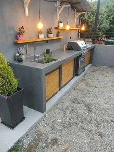 an outdoor kitchen with potted plants on the counter