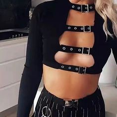 Tide Fashion Short Style Black Long Sleeve Hollow Out Metal Buckle Wom Long Sleeve Aesthetic, Confident Fashion, Sleeve Aesthetic, Aesthetic Tees, Punk Belt, Out Aesthetic, Confident Style, Spring Women, Long Crop Top