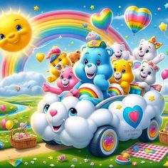 a group of teddy bears riding on the back of a rainbow colored car in a field