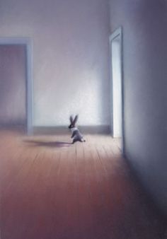 a painting of a bunny rabbit running through an empty room with two open doors in the background