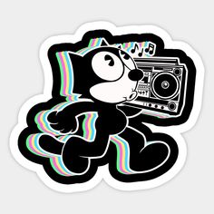 a black and white cartoon bear holding a boombox