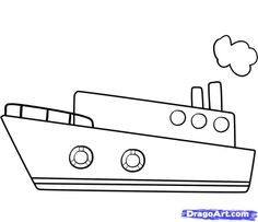 a drawing of a boat with clouds in the sky above it, on a white background