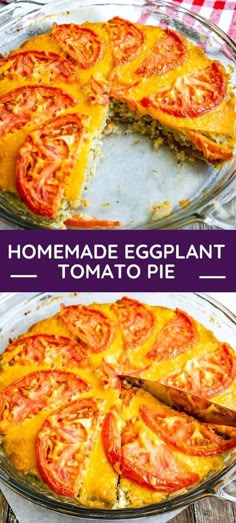 an eggplant and tomato pie is cut into slices