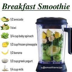 an image of a blender with ingredients for breakfast smoothie on the top and bottom