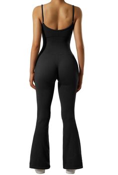 Fabric 90% Nylon, 10% Spandex Feature Compression Fabric & Adjustable spaghetti strap Removable pads& Square Neckline Breathable But Not see through This flared Jumpsuit is perfect for going out, daily, at home, on a date, shopping, and other occasions. Compressive Nylon Pants In Solid Color, Solid Compressive Nylon Pants, Solid Color Compressive Nylon Pants, Solid Backless Seamless Shapewear, High Stretch High Cut Shapewear With Built-in Bra, High-cut Shapewear With Built-in Bra And High Stretch, Solid Bodysuit With Medium Bust Support And High Stretch, High-stretch Bodysuit With Medium Bust Support, High Stretch Solid Color Backless Shapewear