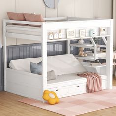 a white bunk bed sitting on top of a wooden floor next to a pink rug