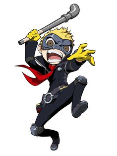 a cartoon character is jumping with a baseball bat in his hand and wearing a black suit