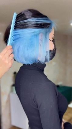 Blue Peekaboo Hair Short, Blue Under Black Hair, Short Hair With Blue Underneath, Blue And Black Short Hair, Blue Bob Hairstyles, Black With Blue Underneath Hair, Blue And Black Hair Short, Light Blue And Black Hair, Black And Blue Hair Short