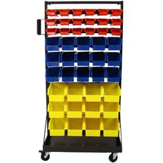 a rack with several bins on it and one is blue, yellow and red