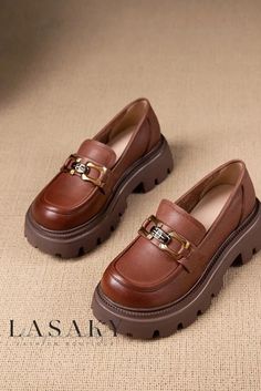 Lasaky - Premium Authentic Leather Loafers with Durable Soles in Classic Vintage Design Fall Synthetic Platform Loafers With Round Toe, Brown Casual Closed Toe Platform Loafers, Casual Brown Closed Toe Platform Loafers, Brown Loafers With Metal Feet And Round Toe, Slip-on Synthetic Moccasins With Round Toe, Brown Platform Slip-on Loafers, Brown Platform Loafers With Round Toe, Slip-on Loafers With Lug Sole, Slip-on Loafers With Lug Sole And Round Toe