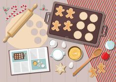 baking supplies on a table with an open book and candy canes royalty free art stock illustration