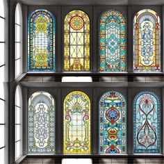 six stained glass windows with different designs and colors on them, all in the same pattern