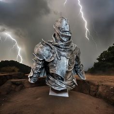 a knight statue in front of a lightning storm