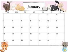 a calendar with cats and kittens on it for the month of january, as well as