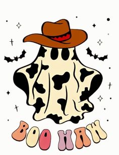 a cow with a cowboy hat on it's head and the words bootown written in