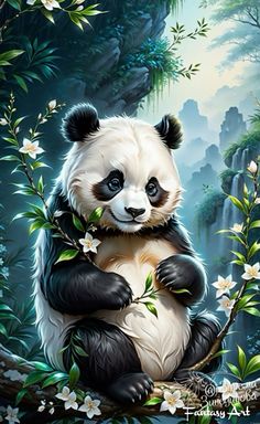 a painting of a panda bear sitting on a tree branch with flowers in its paws