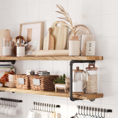 kitchen shelves with utensils and other items on them