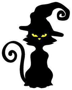 a black cat with yellow eyes and a witches hat