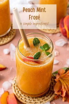 peach mint frozen drink in a mason jar with a straw garnish on top