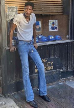 70s Ringer Tee Outfit, Men Low Rise Jeans Aesthetic, Masc Cowboy Outfit, Indie Western Outfits Men, 70s Ringer Tee Outfit Men, Male 60s Fashion, Mens Flare Pants Outfit, Bootcut Jeans Outfit Aesthetic Men, 70s Country Fashion Men