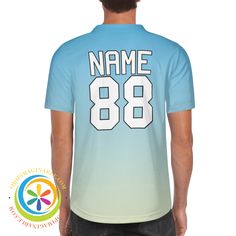 Score a home run with the Blue Sky Gradient Baseball Jersey! Whether you're hitting the field or just want to look stylish, this jersey has got you covered. Personalize it with a team name or your own and make it the perfect gift for any occasion. A guaranteed win for hard-to-buy people, even moms love it! We create funky & fun! Personalized with your Team's name, player's number and name! 100% Polyester material for men's baseball shirts Available sizes: S-4XL suitable for unisex wear Lightweight and soft fabric with short sleeves 5 Buttons closure and personalized with logo, name and number Classic V-neck Great for sports, or being in the stands, recreational teams Suitable for sports teams Note: Hand or Machine wash, no bleach or soaking, hang dry or low heat. We can create and customiz Customizable Blue Tops For Baseball Season, Casual Blue Sublimation Shirt With Baseball Collar, Blue Sporty Baseball Jersey With Sublimation Print, Blue Baseball Jersey With Graphic Print, Blue Sporty Sublimation Design For Baseball Season, Sporty Blue Baseball Jersey With Sublimation Print, Blue Graphic Print Baseball Jersey, Casual Blue Jersey With Sublimation Print, Blue Short Sleeve Baseball Jersey For Sports