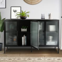 a black cabinet with two doors and some plants