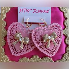 Bnwt Betsey Johnson Pink Metal Lace Heart Earrings From The Baby Cakes Collection French Hook Lever Backs For Pierced Ears Approximately 2” X 2” Gold Tone Sparkly Crystal Bows So Feminine And Flirty Perfect For Valentine’s Day Or Any Date Night Rare And Hard To Find Baby Cakes Collection Retails For $47 Brand New Kawaii Shopping, Aesthetic Jewellery, Baby Cakes, Lace Earrings, Lace Heart, Vintage Kitsch, Metal Lace, Betsey Johnson Jewelry, Betsy Johnson