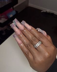 Xl Acrylic Nails Square, Crystal French Tip Nails, Long Prom Nails, Nails Tapered Square, Tapered Square Nails, Tapered Square, Baddie Nails